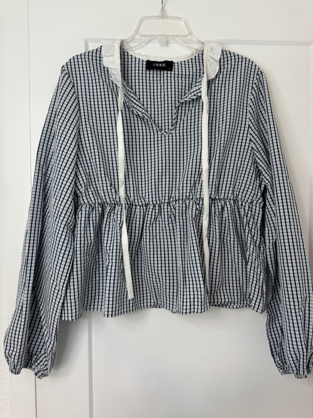 Cider Navy Gingham Peplum Blouse with White Ruffle Collar - Picture 2 of 6